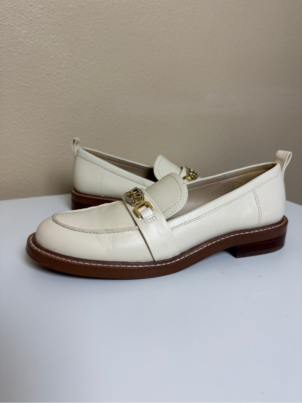 Sam Edelman Christy Ivory Rounded Toe Block Heeled Slip On Leather Loafer Size 8